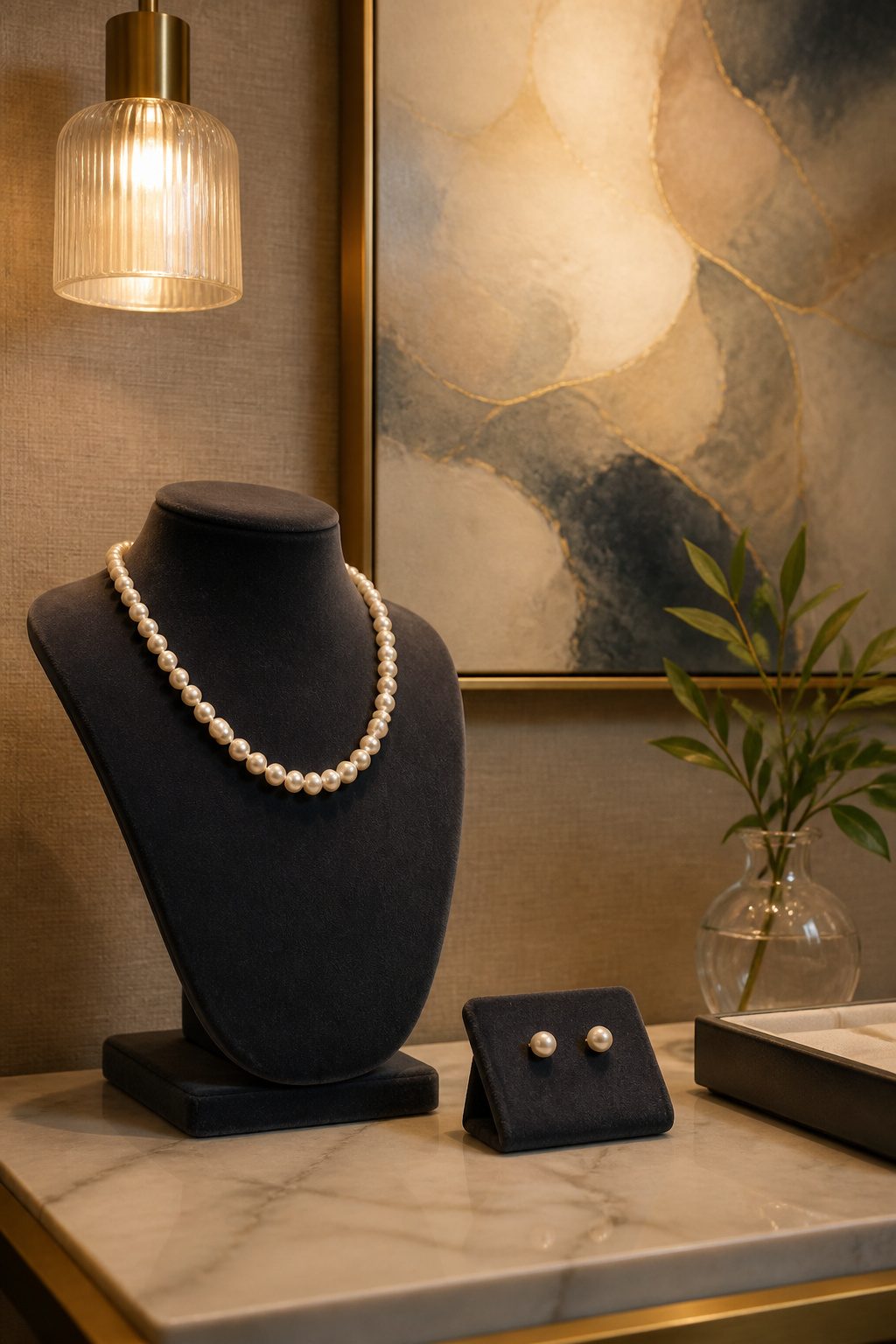 A pearl necklace and small stud earrings displayed elegantly.