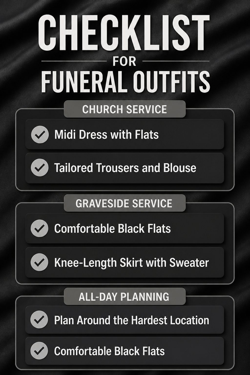 A checklist for appropriate funeral outfits based on service type.